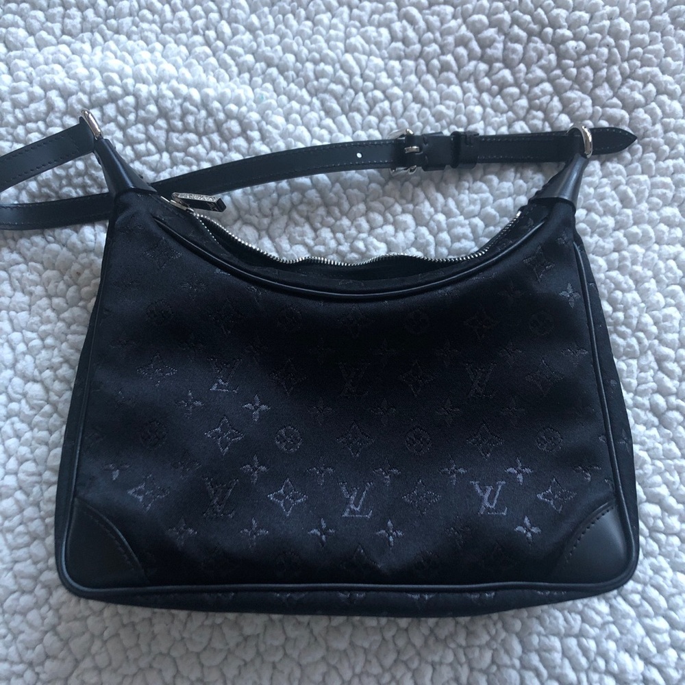 LOUIS VUITTON Small Black Satin and Leather Trim Monogram Boulogne Baguette